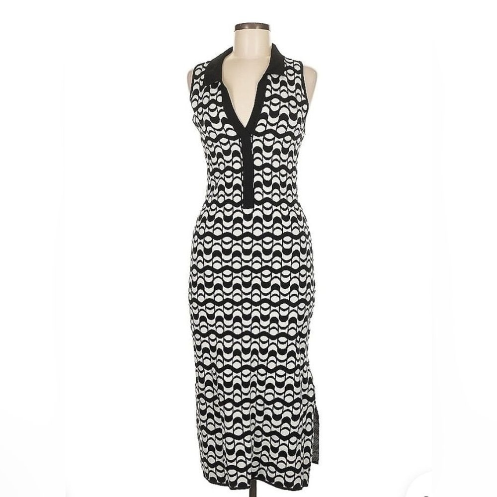 House of Harlow 1960 Black‎ White Geometric Print Sleeveless Collar Midi Dress S